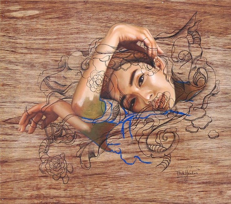 Hidden Messages, oil and ink on wood, 2016
